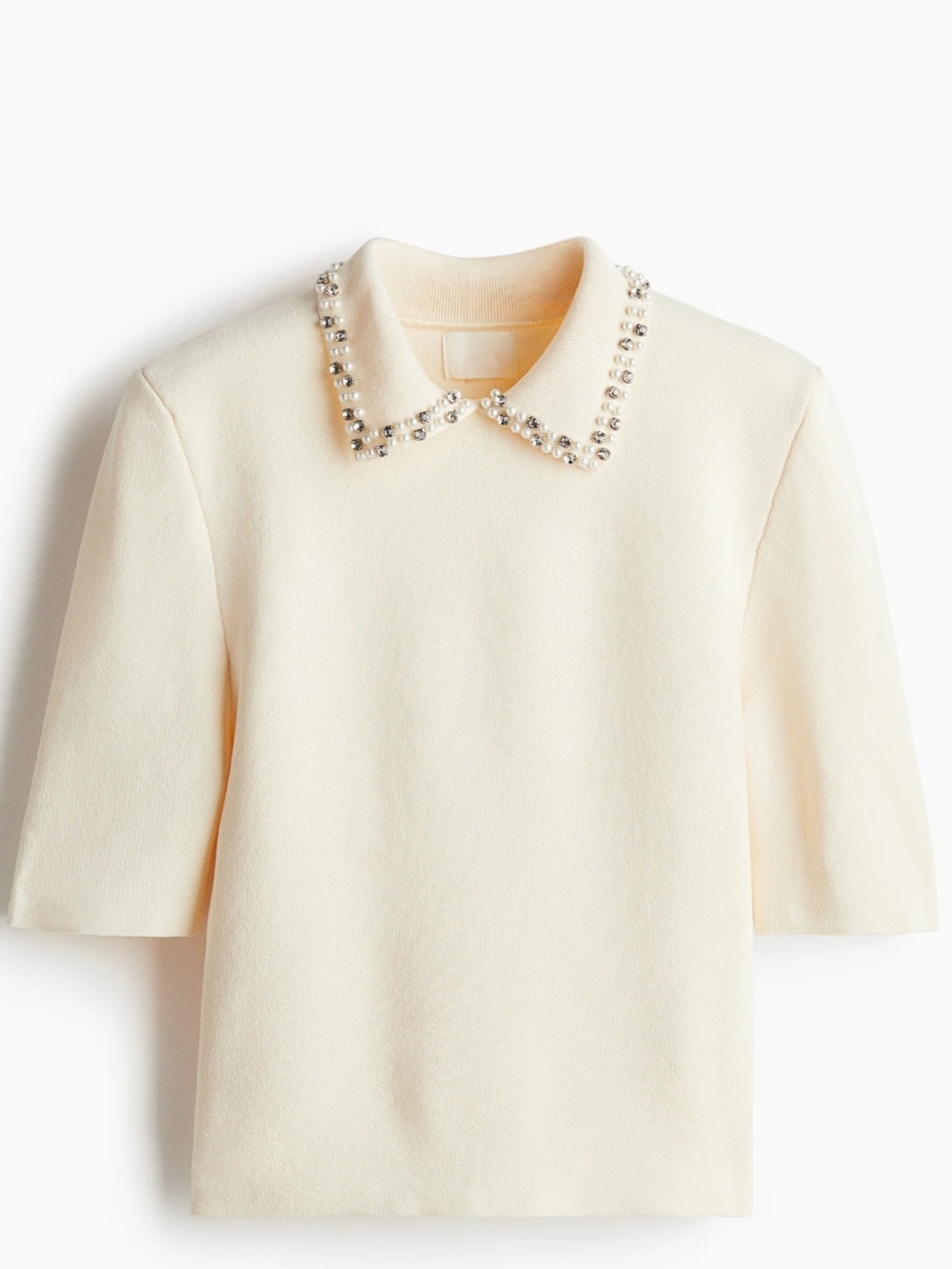 H&M Cream Short-Sleeve Top with Beaded Collar